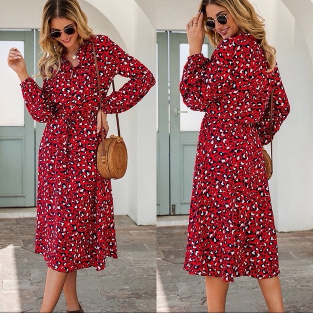 New Red leopard print Long Sleeve Dress XL